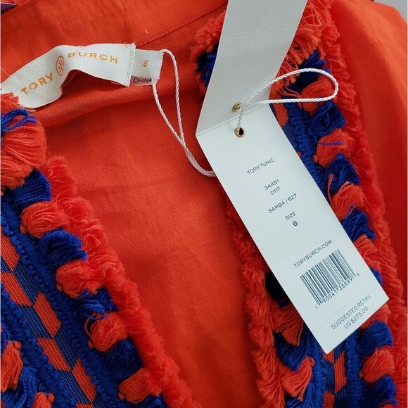Tory Burch Samba Fringe Trim Tunic/Top Orange Blue Size 6 - Picture 8 of 8
